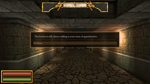 A torchlit stone corridor, with a message: The fortress is still, silence adding to your sense of apprehension