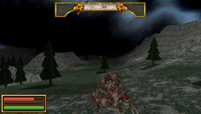 A monster in the wilds at night, under a stormy sky